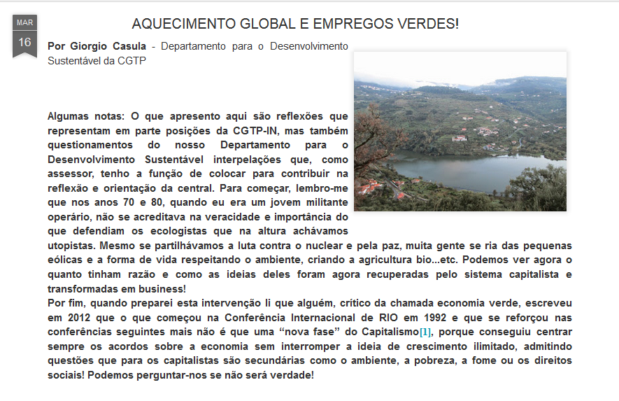 Aquecimento Global e Empregos Verdes – por Giorgio Casula (Departamento para o Desenvolvimento Sustentável – CGTP-IN)