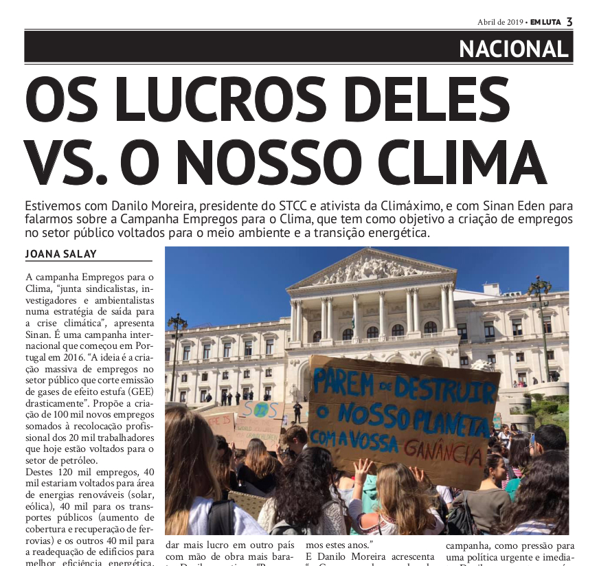 Os lucros deles vs. O nosso clima – Entrevista na Revista “Em Luta”