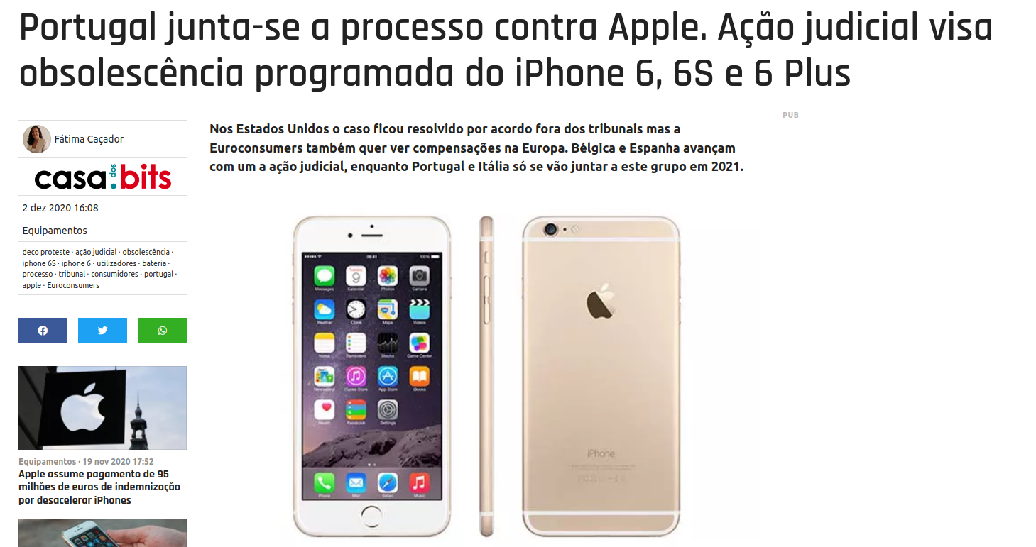 Portugal junta-se a processo contra Apple. Ação judicial visa obsolescência programada do iPhone 6, 6S e 6 Plus – Sapo